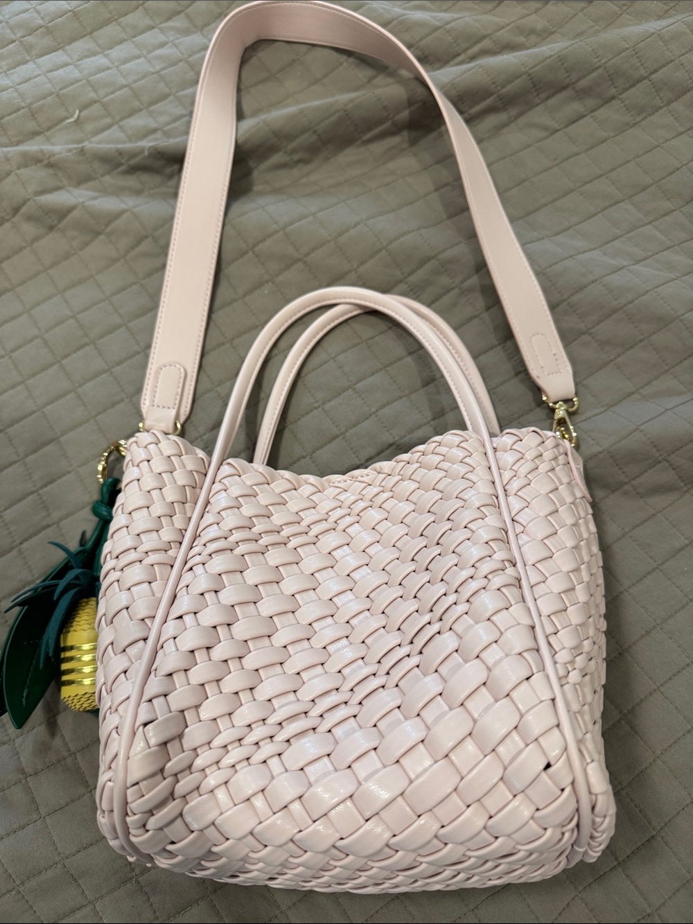 Blush Woven Leather Tote Bag with Detachable Shoulder Strap